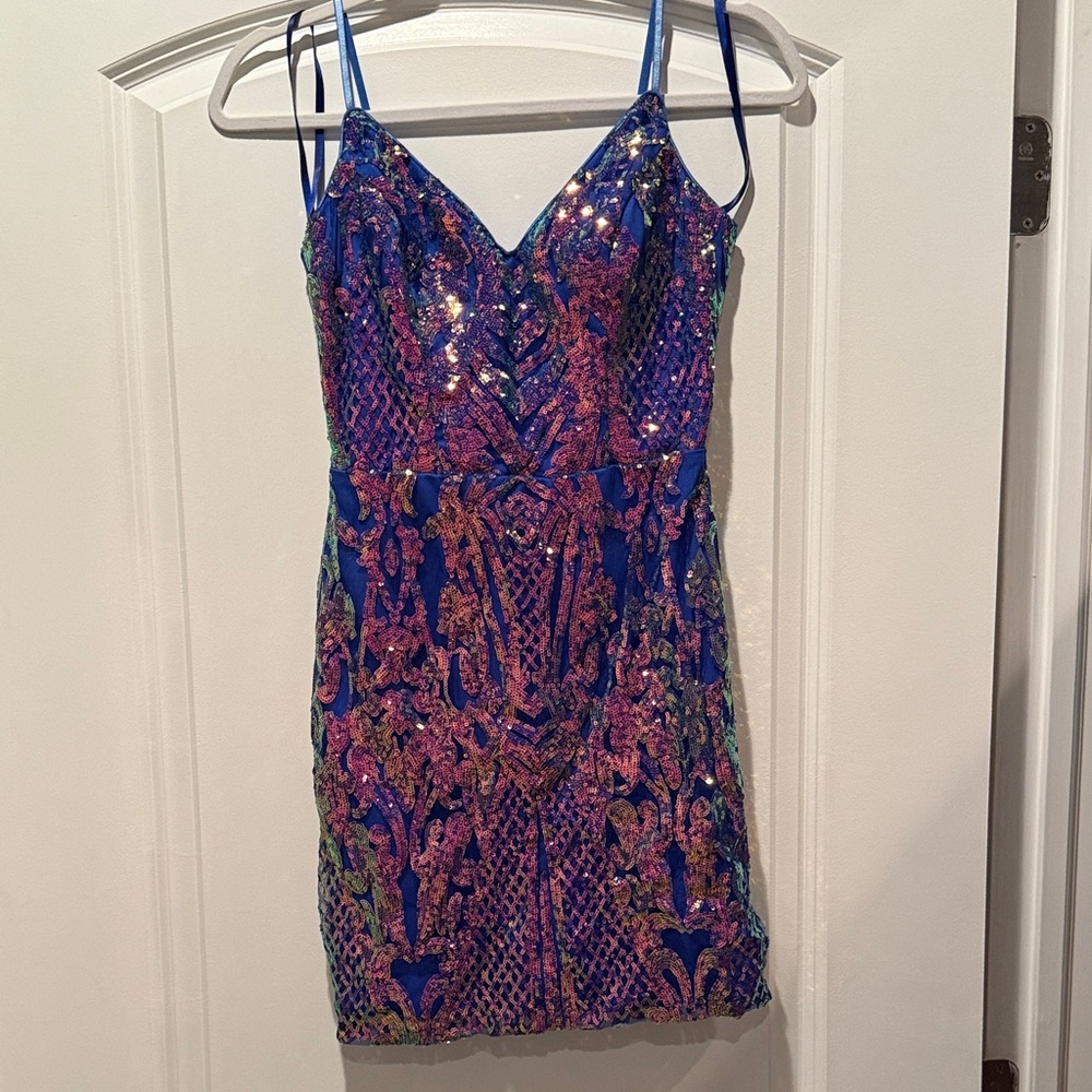 Vibrant Blue and Pink Sequin Mini Dress